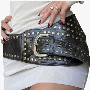Black Wide Studded Leather Belt Waist Cinch Belt with Antique Gold Buckle